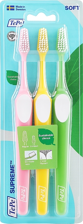 Toothbrush Set, green + yellow + pink - Tepe Supreme Soft  — photo N1