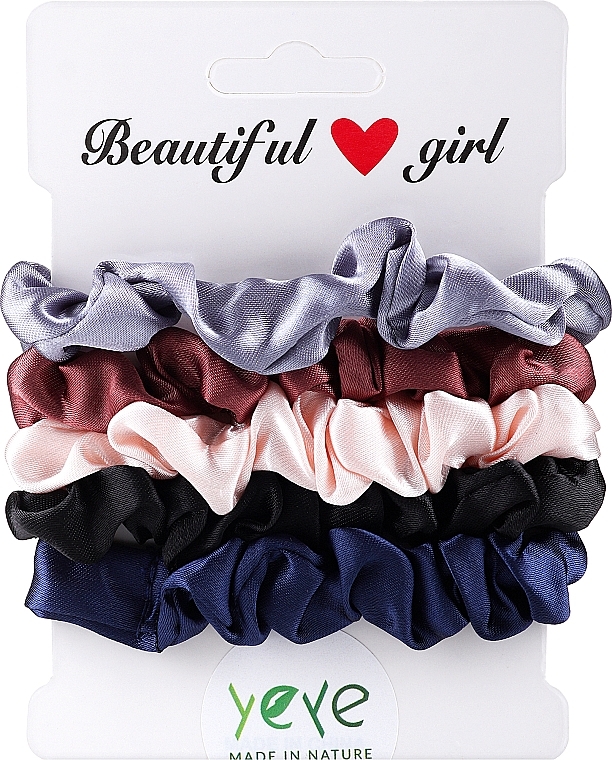 Satin Scrunchie Set, 5 pcs, light pink + burgundy + grey + blue + black - Yeye — photo N1