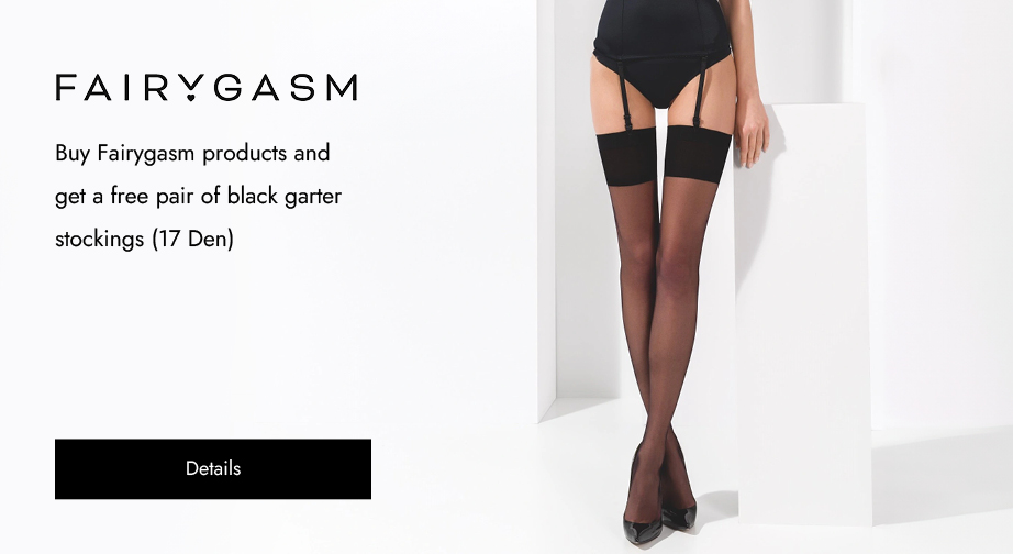 Buy Fairygasm products and get a free pair of black garter stockings (17 Den)