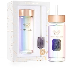 Glass Holographic Water Bottle with Amethyst & Tube, 400 ml - Crystallove Glass Hologram Water Bottle with Amethyst and Straw — photo N1