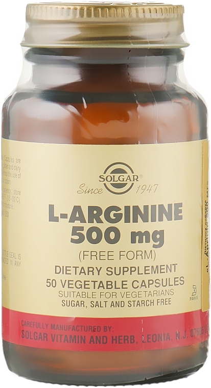 L-Arginine Dietary Supplement, capsules, 500 mg - Solgar L-Arginine — photo N2