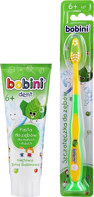 Set with Green-Yellow Brush - Bobini 6+ (t/brush/1pc + t/paste/75 ml) — photo N1