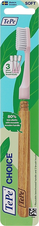 Eco-Toothbrush with Wooden Handle & Three Heads, pink - TePe Choice Soft Toothbrush — photo N1