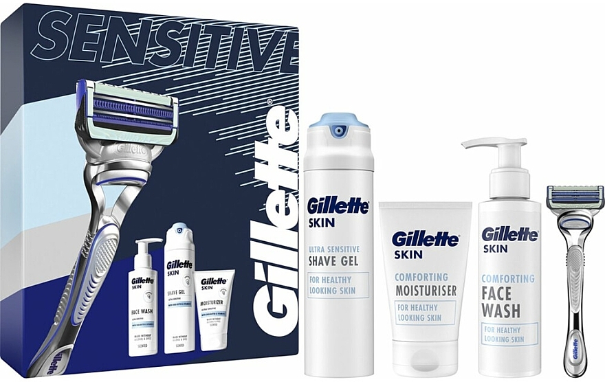 Set - Gillette Skin Giftset Sensitive (shave gel/200ml + f/cr/100ml + f/gel/140ml + razor/1pc) — photo N1