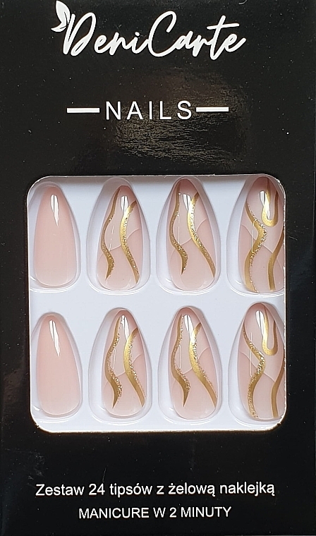 Beige False Nails with Golden Waves, 24 pcs. - Deni Carte Tipsy Beige Swirl Gold 9140 — photo N1