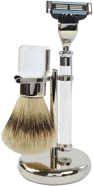 Shaving Set - Golddachs Synthetic Hair, Mach3 Metal Chrome Acrylic Silver (sh/brush + razor + stand) — photo N1