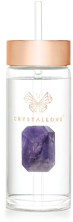 Glass Water Bottle with Amethyst & Tube, 400 ml - Crystallove Glass Water Bottle with Amethyst and Straw — photo N7