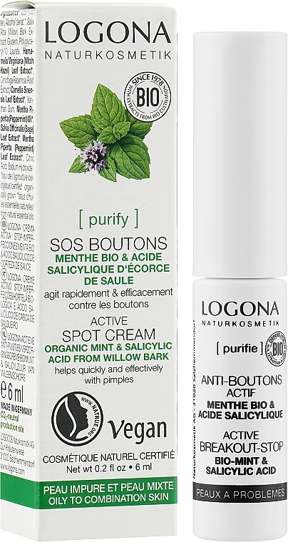 Antibacterial Spot BIO Cream "Mint & Willow Bark Salicylic Acid" - Logona Sos Boutons Active Spot Cream — photo N1