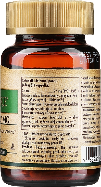 Dietary Supplement "Koji Iron", 27 mg - Solgar Earth Source Koji Iron — photo N2