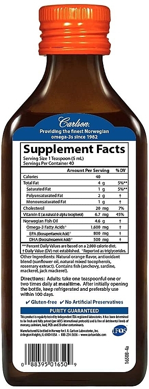Dietary Supplement "Fish Oil", orange - Carlson Labs The Very Finest Fish Oil — photo N24