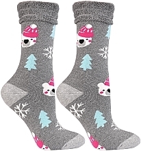 Women Winter Terry Socks, CSL450-038, grey with bear - Moray Frotte — photo N1