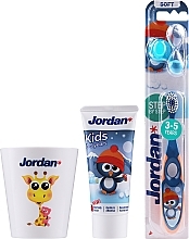 Fragrances, Perfumes, Cosmetics Set "Penguin", glass with giraffe - Jordan Kids (toothpaste/50ml + toothbrush/1pc + cup)