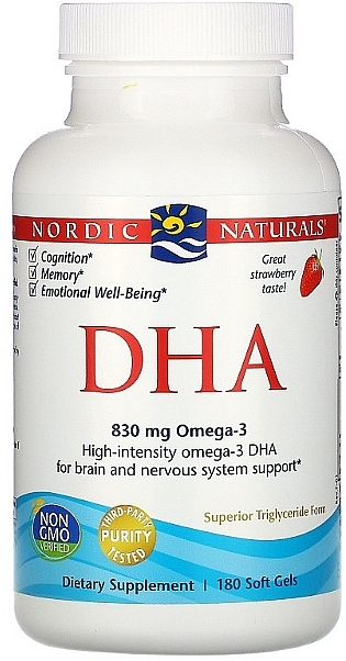 Dietary Supplement "Omega 3", with strawberry flavor, 830 mg - Nordic Naturals DHA Strawberry — photo N1