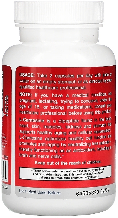 Dietary Supplement "L-Carnosine 500mg" - Jarrow Formulas L-Carnosine 500 mg — photo N24