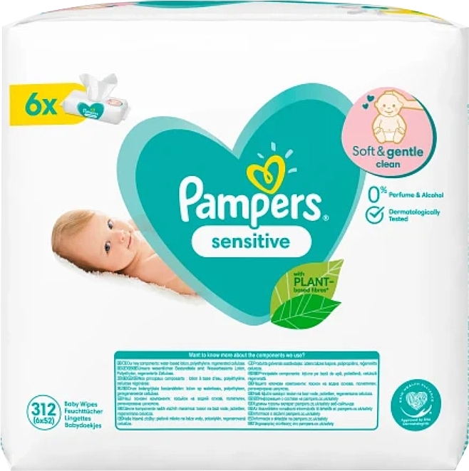 Baby Wet Wipes "Sensitive", 6x52pcs - Pampers — photo N1