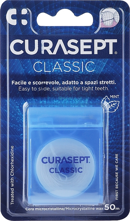 Dental Floss, 50 m, mint-flavored - Curaprox Curasept Classic Waxed Dental Floss Chlorhexidine — photo N1