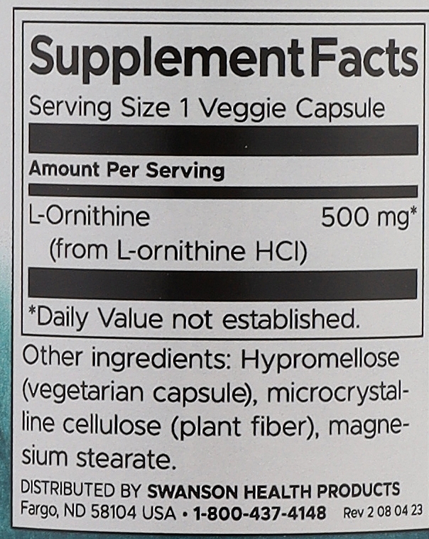 L-Ornithine Amino Acid, 500 mg - Swanson L-Ornithine Amino Acid 500mg — photo N3