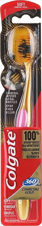 Soft Toothbrush, pink & gold - Colgate 360 Charcoal Gold Soft Toothbrush — photo N2