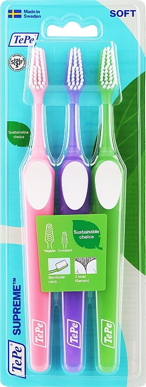 Toothbrush Set, Pink + Purple + Green - Tepe Supreme Soft	 — photo N1