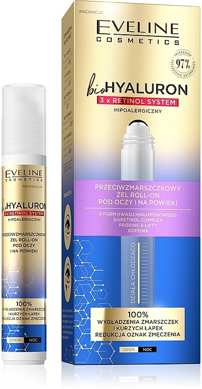 Anti-Wrinkle Eye Gel - Eveline Cosmetics BioHyaluron 3x Retinol System Gel Roll-On — photo N1