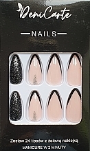 False Nails 'Black French with Shiny Silver Decoration', 24 pcs. - Deni Carte Tipsy Black French Caviar 9164 — photo N1