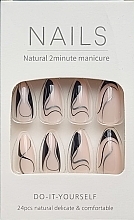 Fragrances, Perfumes, Cosmetics False Nails with Black & Silver Thread Motif, 24 pcs - Deni Carte Nails Natural 2 Minutes Manicure