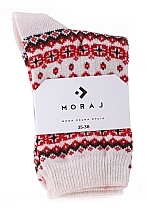 Fragrances, Perfumes, Cosmetics Warm Socks with Ornaments, CSW800-004, beige with red and black patterns - Moraj