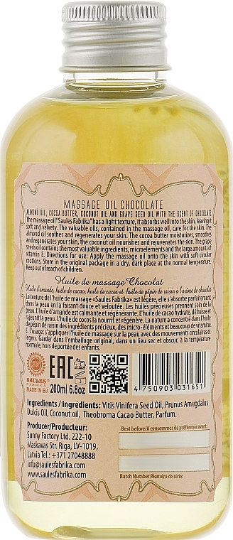 Chocolate Massage Oil - Saules Fabrika Massage Oil — photo N2