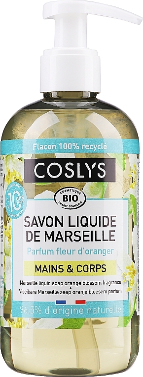 Liquid Soap "Savon De Marseille" with Organic Olive Oil A&nd Orange Blossom Scent - Coslys Body Care Marseille Soap Orange Blossom — photo N1