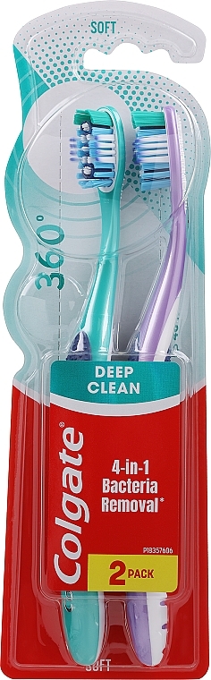 Whole Mouth Clean Soft Toothbrushes, purple and green - Colgate 360 Whole Mouth Clean Soft — photo N2
