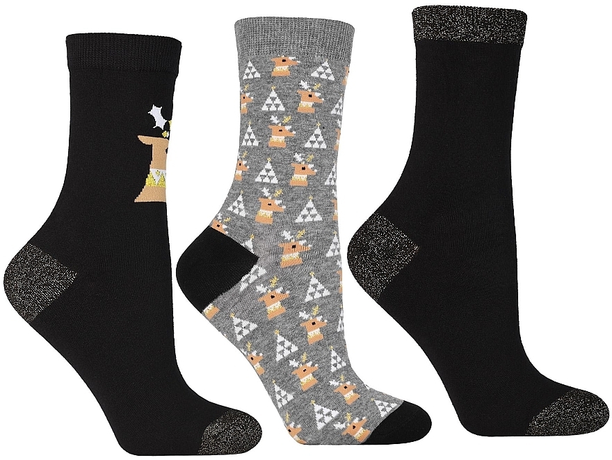 Women Socks with Christmas Reindeer Motif, CSLS250-018, black with reindeer - Moraj — photo N4