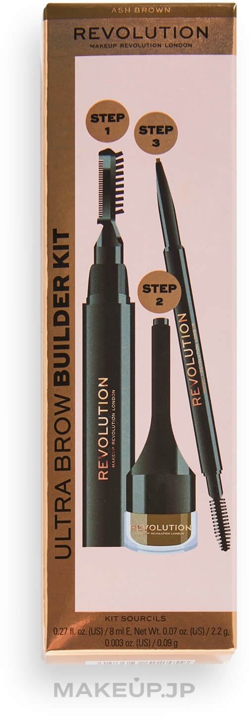 Set - Makeup Revolution Ultra Brow Builder Kit (wax/8ml + brow/pomade/2,2g + eye/crayon/0,09g) — photo Ash Brown