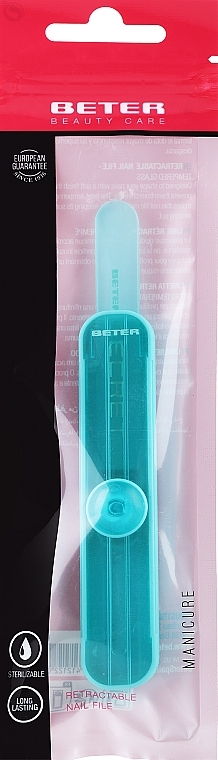 Retractable Nail File, tempered glass, turquoise - Beter Retractable Glass File Secret — photo N1