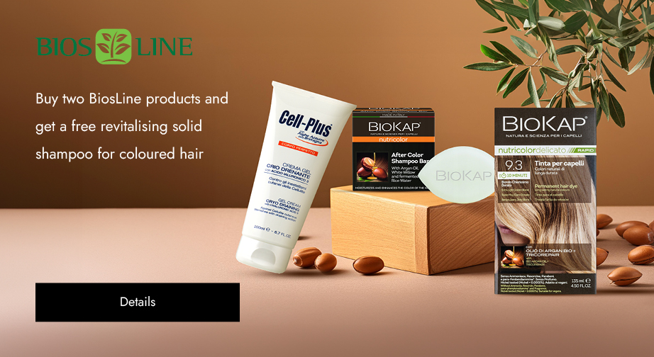 Buy two BiosLine products and get a free revitalising solid shampoo for coloured hair