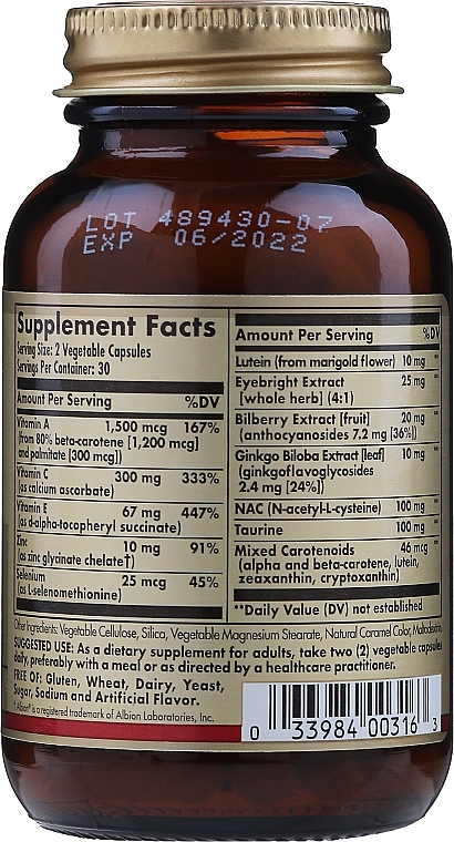 Dietary Supplement "Blueberry, Ginkgo & Eyebright Eye Health Complex with Lutein" - Solgar Bilberry Ginkgo Eyebright Complex Plus Lutein — photo N2