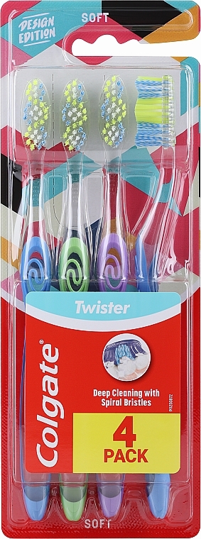 Soft Toothbrush Set, 4 pcs., blue + light green + lilac + blue - Colgate Twister Design Edition Soft Toothbrush — photo N1
