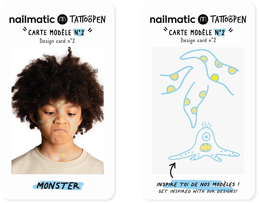 Temporary Tattoo Set - Nailmatic Tattoopen Duo Set Monster (pen/2x2.5g + kards/4pcs) — photo N4