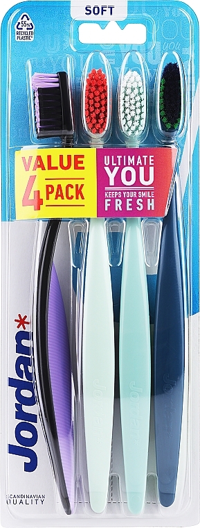 Soft Toothbrush, 4 pcs, black-purple + white + mint + blue - Jordan Ultimate You Soft Toothbrush — photo N1