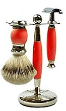 Shaving Set - Golddachs Silver Tip Badger, Polymer Handle, Red, Chrom, Safety Razor (sh/brush + razor + stand) — photo N1