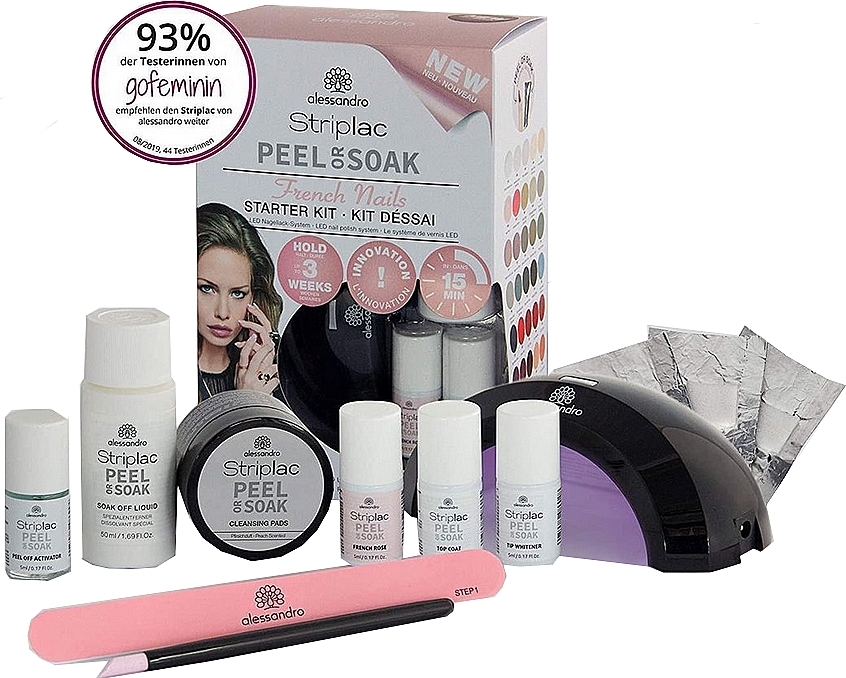 Set - Alessandro International Striplac Peel Or Soak French Nails Starter Kit (led/lamp + nail/polish/3x5ml + n/top/5ml + aceton/30ml + n/file/10pc + n/sponge/50pc + sticks + chopstick) — photo N2