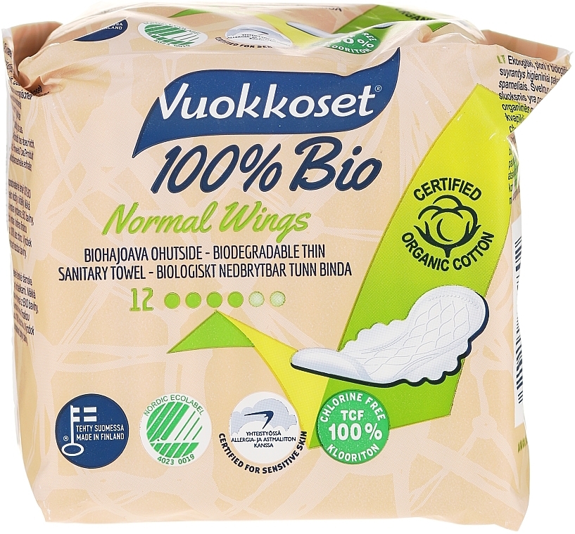 Sanitary Pads with Wings, 12 pcs - Vuokkoset 100% Bio Normal Wings — photo N1