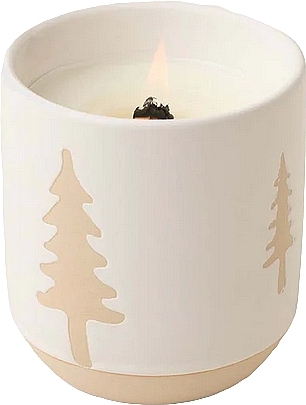 Scented Candle in Glass, white and gold - Paddywax Cypress & Fir Ceramic Candle With Tree Pattern & Wooden Wick White — photo N1