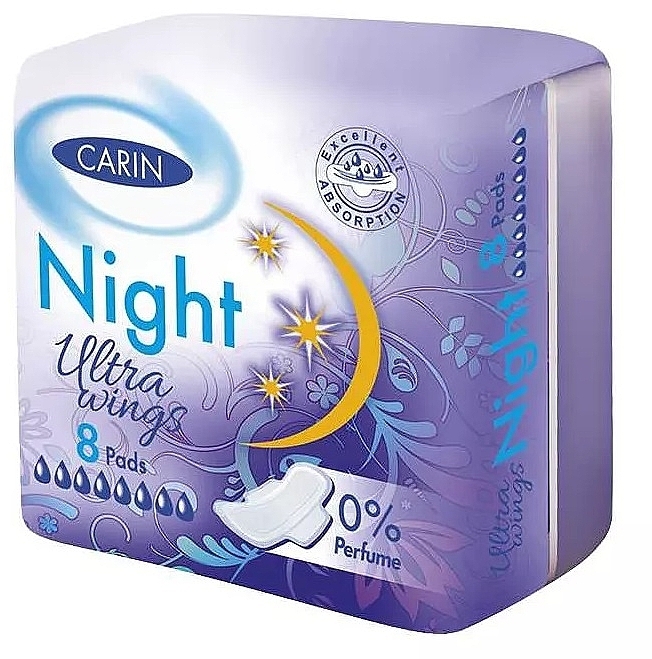 Sanitary Pads, 8 pcs - Carin Ultra Wings Night 0% Perfume — photo N1