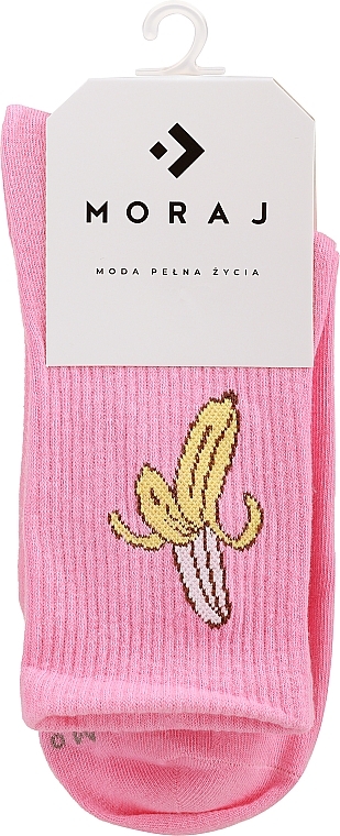 Women High Socks with Wide Cuffs and Funny Pattern, 1 pair, pink with banana - Moraj — photo N1