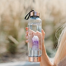 Glass Water Bottle with Amethyst, 650 ml - Crystallove Hexagon Amethyst Bottle — photo N2