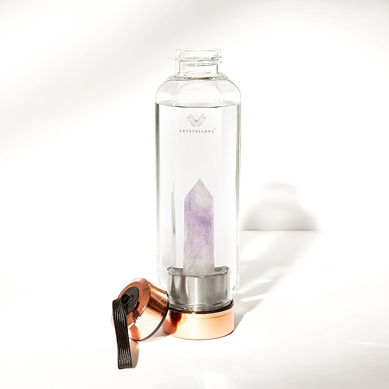 Glass Water Bottle with Amethyst, 650 ml - Crystallove Hexagon Amethyst Bottle — photo N4