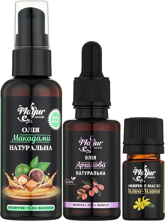 Body & Hair Gift Set "Argan, Macadamia & Ylang-Ylang" - Mayur (oil/30 ml + oil/50 ml + oil/5 ml) — photo N1