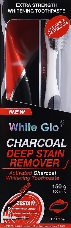 Set with Black-White Toothbrush - White Glo Charcoal Deep Stain Remover Toothpaste (toothpaste/150ml + toothbrush) — photo N2