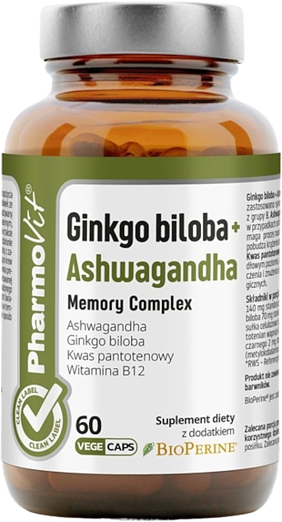 Ginkgo Biloba + Ashwagandha Memory Complex - Pharmovit Clean Label Ginkgo Biloba + Ashwagandha Memory Complex — photo N1