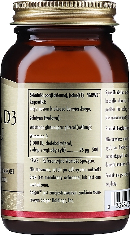 Vitamin D Dietary Supplement - Solgar Vitamin D3 1000 IU Cholekacyferol — photo N2